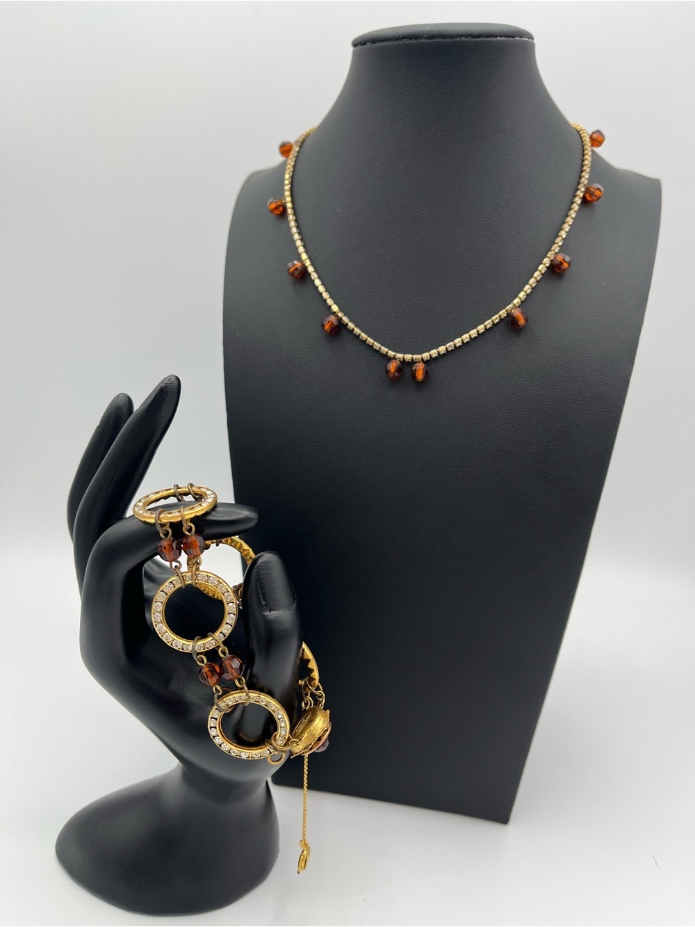 Signed Miriam Haskell Vintage Jewelry Set Gold Amber Rhinestone Demi-Parure